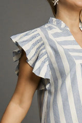 Umgee Full Size Striped Notched Ruffled Cap Sleeve Mini Dress Plus Size
