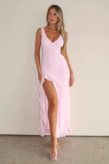 V-Neck Ruffle Hem Slit Dress