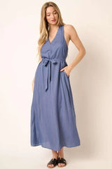 Mittoshop Cross Back Belted V Neck Tank Maxi Dress