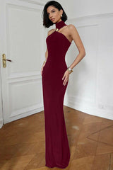 Golden Bead Trim Halter Sheath Dress