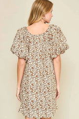 Umgee Full Size Lace Tape Drawstring Floral Puff Sleeve Mini Dress Plus Size