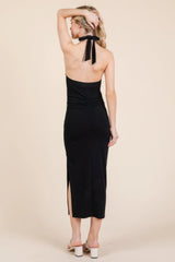 Halter Tied Criss-cross Midi Ribbed Dress