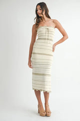 MABLE Contrast Striped Crochet Knit Midi Dress