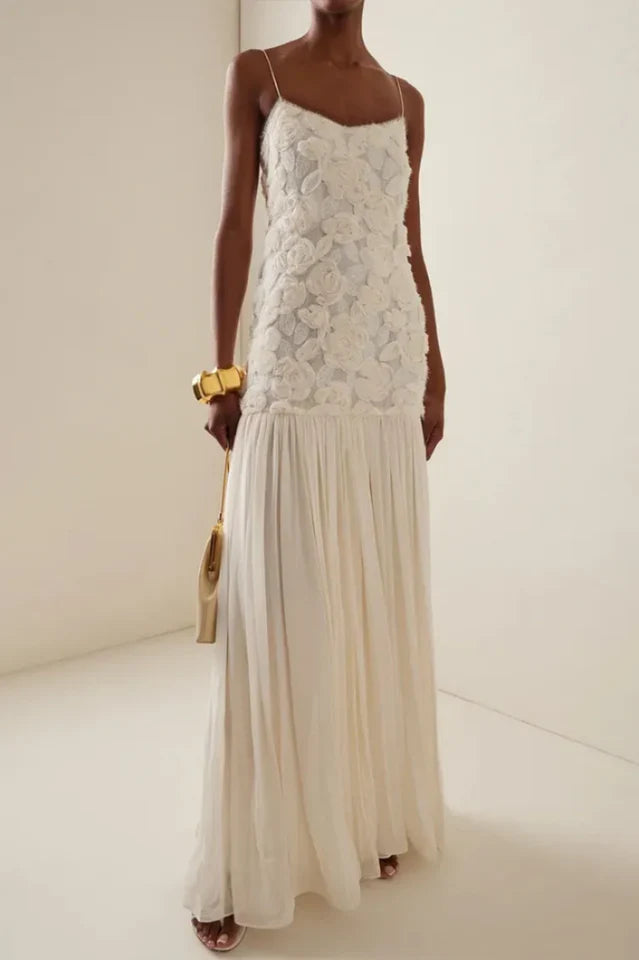 Andrea Floral Applique Pleated Maxi Dress