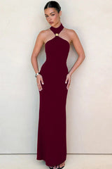 Golden Bead Trim Halter Sheath Dress