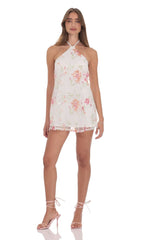 Floral Sequin Halter Shift Dress in White